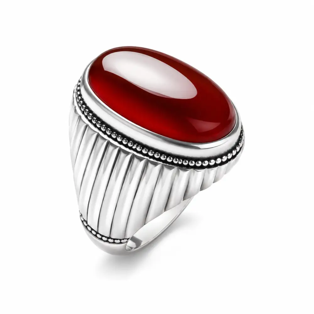 ring 3 Male Silver Ring with Red Aqeeq Stone